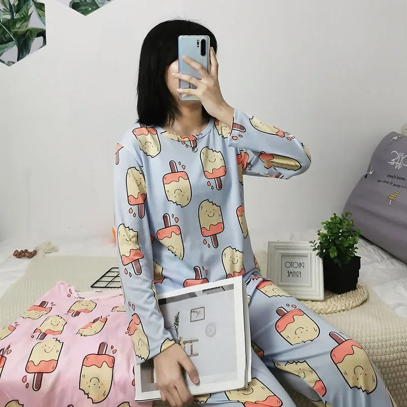 Spring pajamas new long-sleeved trousers pure cotton loungewear simple women's ice cream pajamas women's spring loungewear