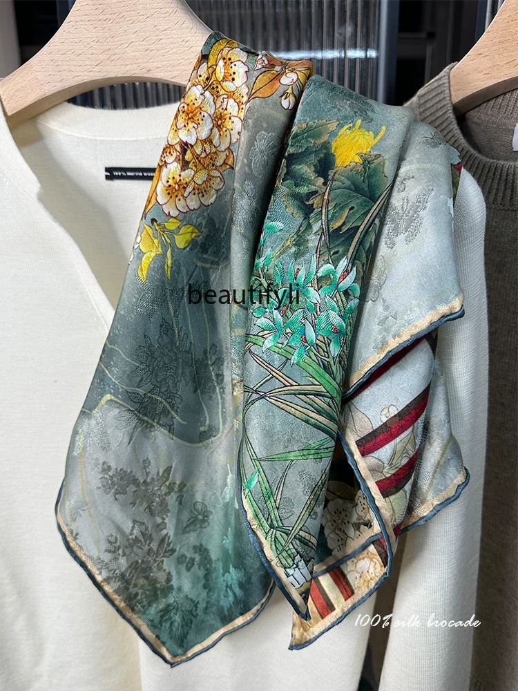 100% mulberry silk silk scarf spring and summer double-sided printed retro square scarf