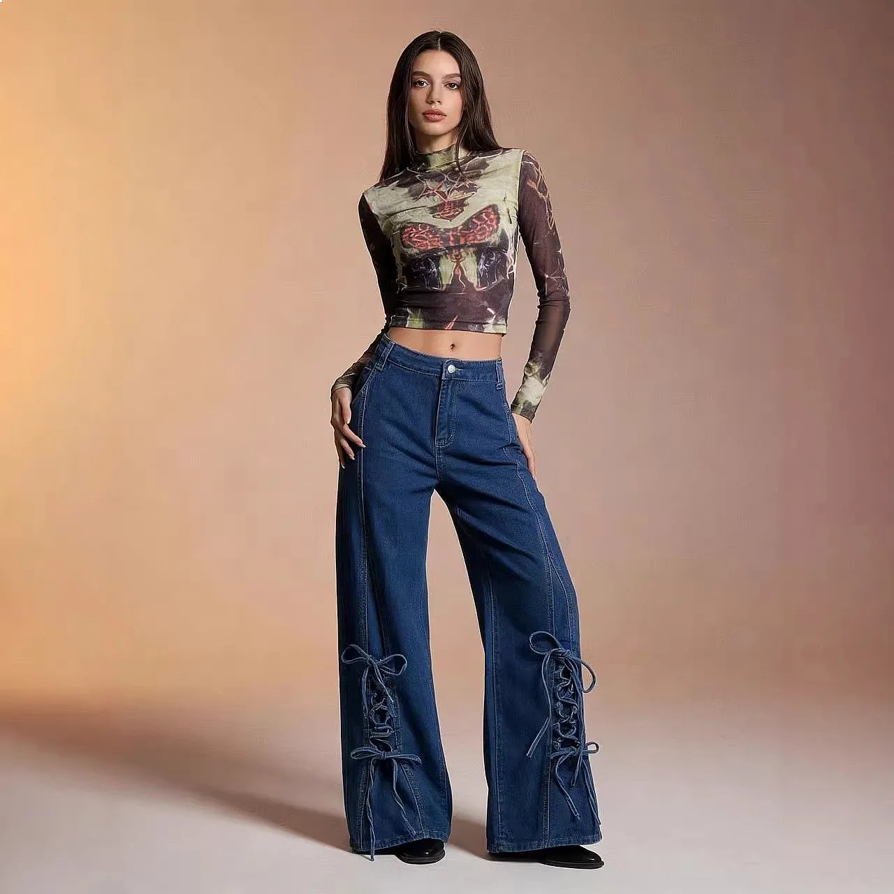 Jeans Retro Loose Wide Leg Lace-up Decoration Baggy Straight Jeans Women Spring Summer