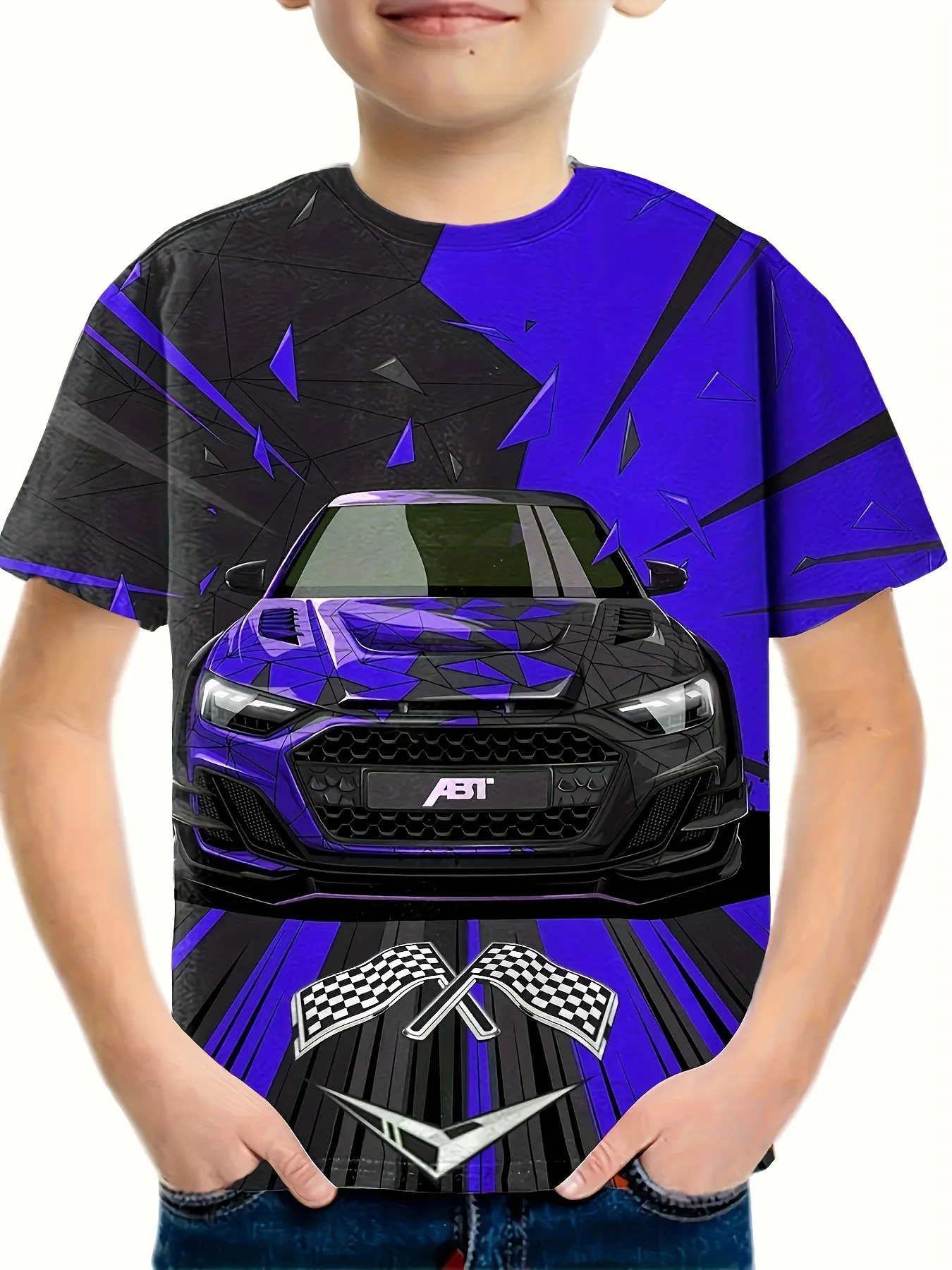 Boys Racing Car Pattern 3D Print T-Shirt Criativa, Casual Leve Manga Curta, Tripulação Pescoço Tee Tops, Roupas Infantis, Moda Verão