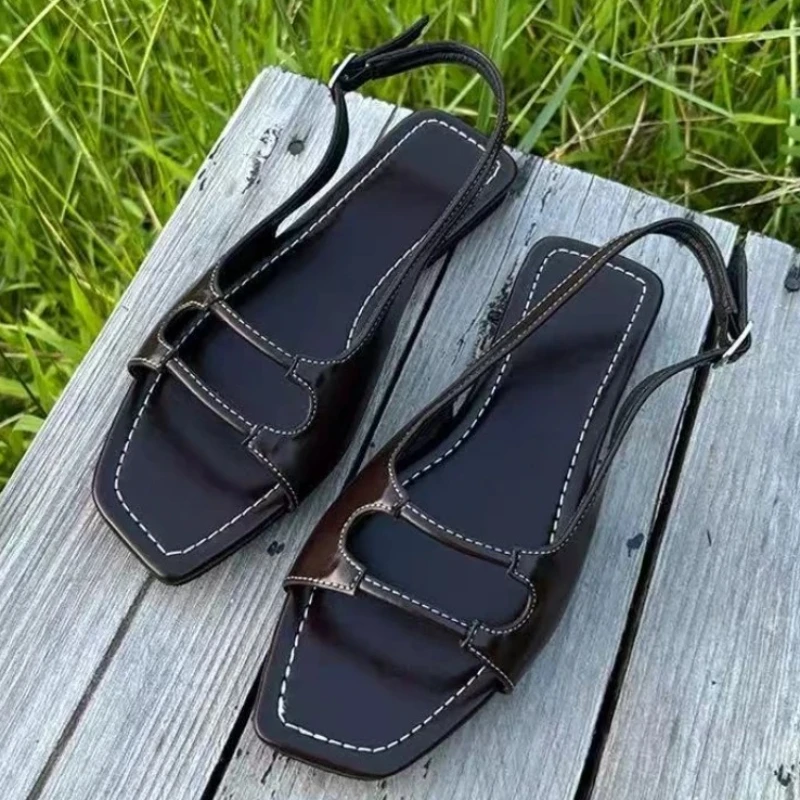 

Сандалии на плоской подошве с квадратным носком и пряжкой в стиле ретро, женская модная брендовая дизайнерская обувь с открытой пяткой, летняя нескользящая пляжная обувь в римском стиле