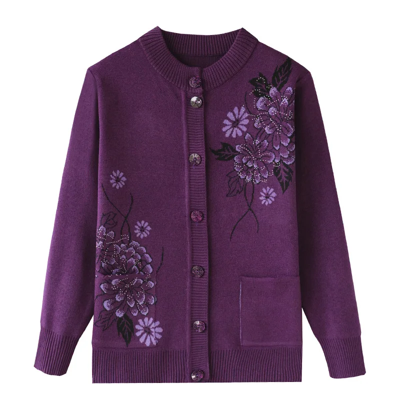 Nuova stampa di mezza età anziana madre autunno inverno maglione a maniche lunghe donna maglia fondo camicia nonna Cardigan Mujer