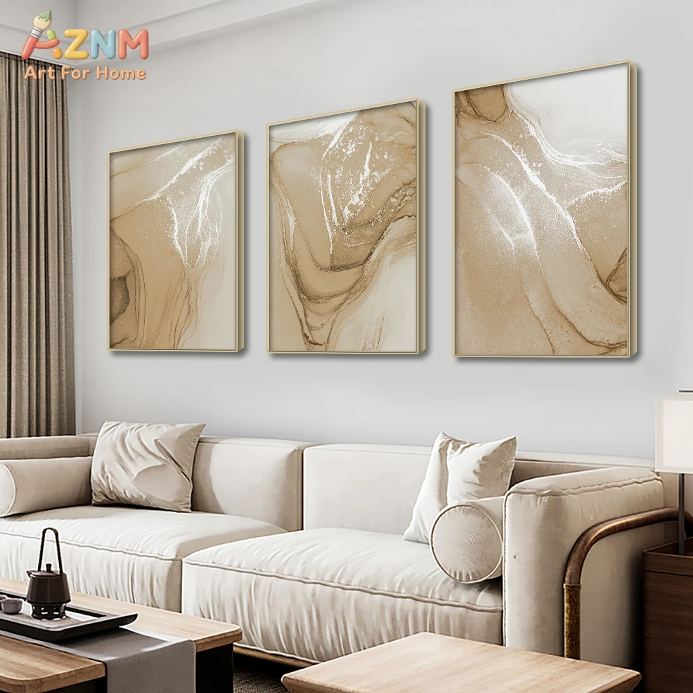 3PCSAZNM 3 Panels Beige Gold Marble Abstract Canvas Wall Art, Neutral Fluid Art Painting Unframed Canvas Prints for Living Room