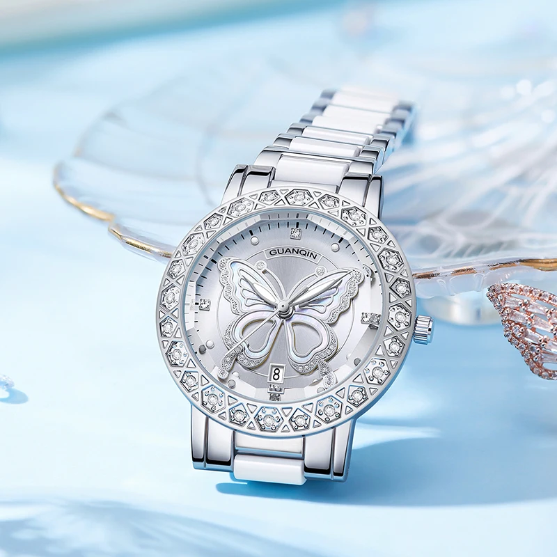 GUANQIN Luxury Women Quartz Watch Butterfly Pattern Rhinestone-Encrusted Bezel Stainless Steel Case 30M Waterproof Watches Lady