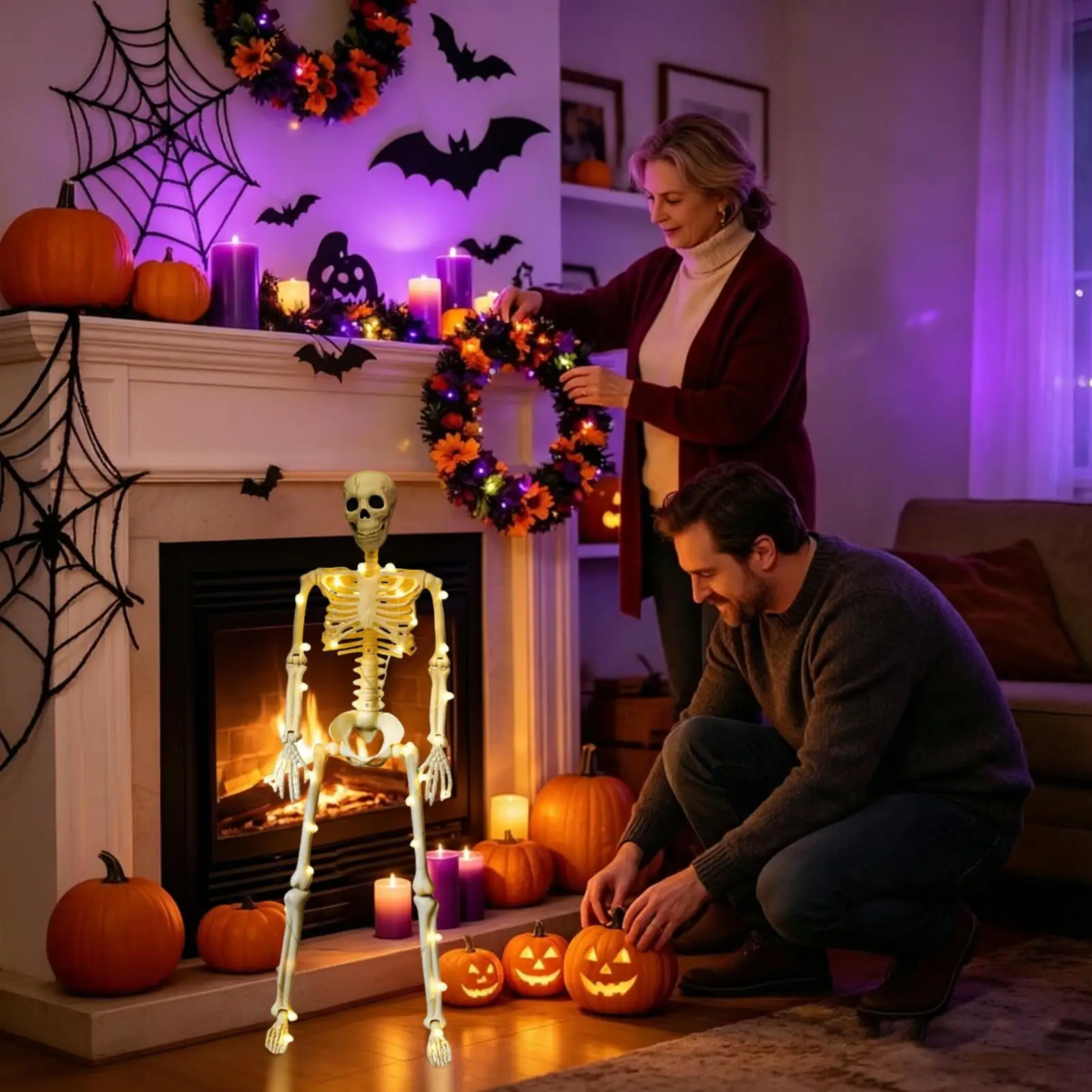 Halloween Outdoor Skeletons 35.4inch Posable Spooky Decor With String Lights Posable Skeleton For Yard Patio Lawn Garden Indoor