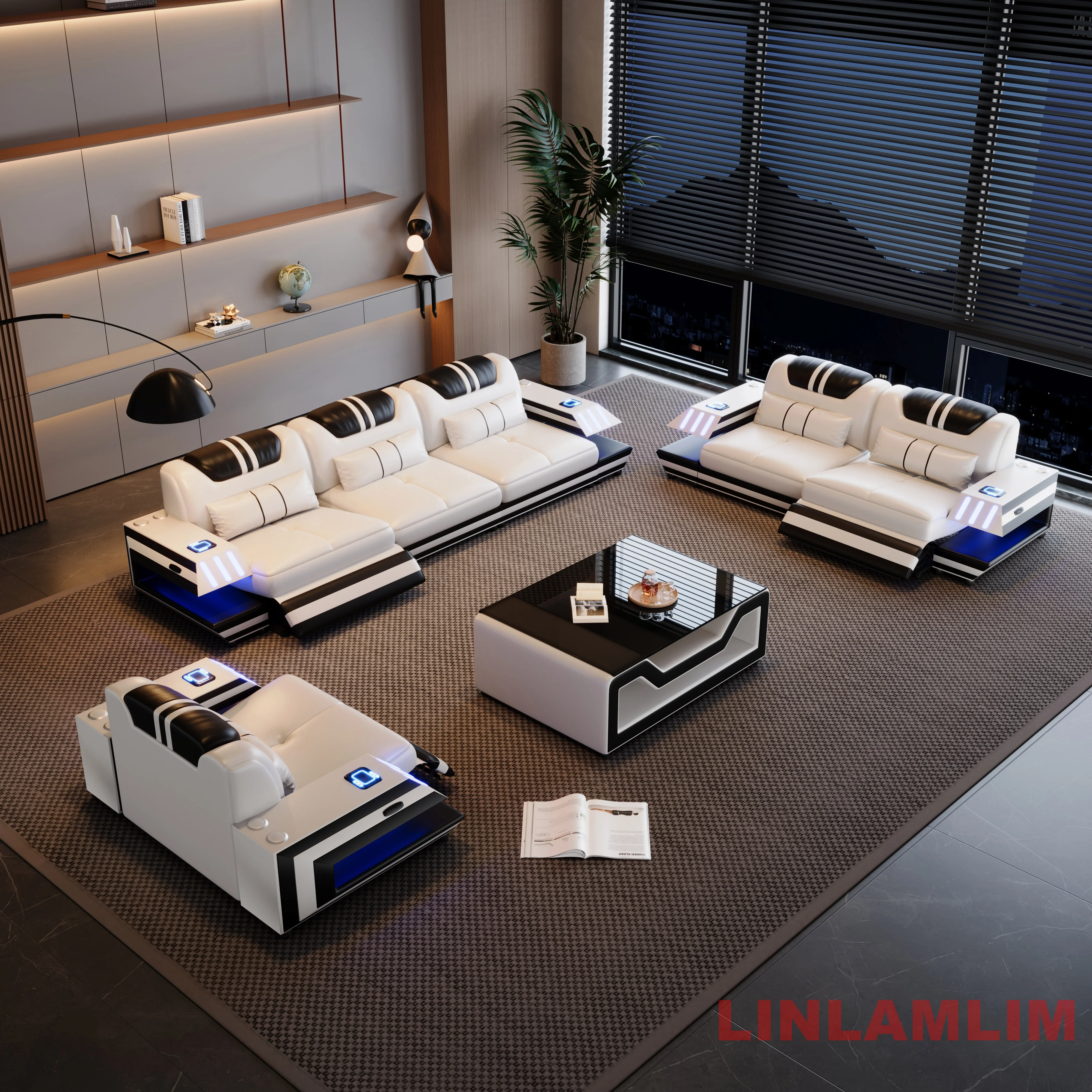 Convertible Genuine Leather Sectional Sofa Bed with Adjustable Headrests, Electric Recliners, Storage, Speakers, USB & LED Light