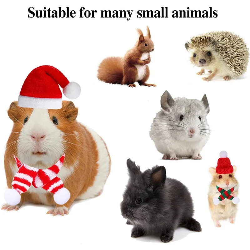 8Pcs Christmas Guinea Pig Santa Hat Small Pet Rabbit Hamster Hat with Scarf for Ferrets Chinchilla Lizard Bearded Dragon Costume