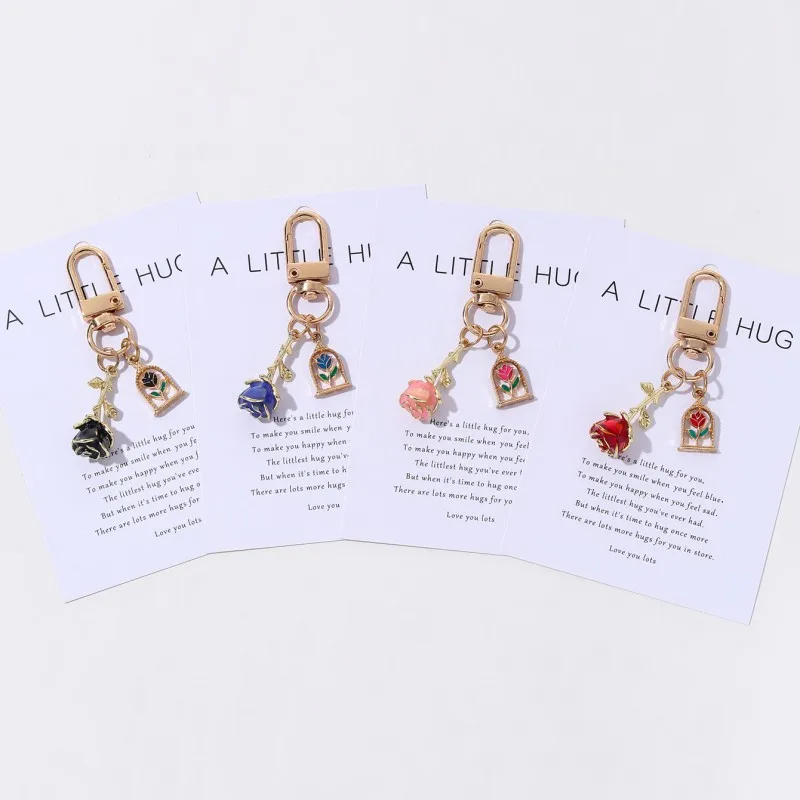 1pc Valentine\'s Day Colorful Rose Small Hug Dropping Enamel Keychain Romantic and Beautiful Style Car Bag Keyring Gift Souvenir