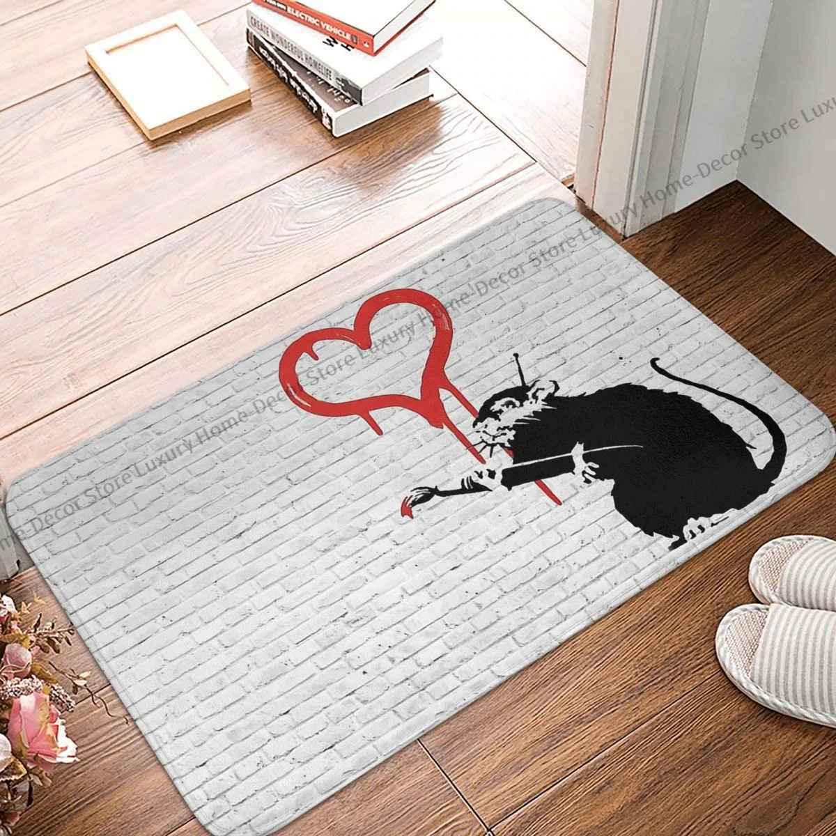 Banksy Wall Graffiti Bedroom Mat Love Rat Doormat Flannel Carpet Outdoor Rug Home Decoration