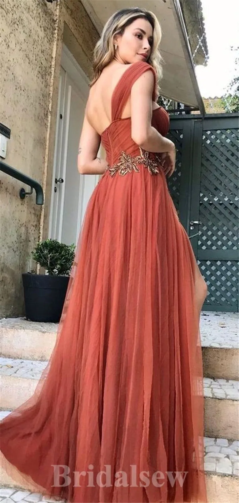 Smileven Orange Prom Dress A Line Puff Tulle Evening Dress Side Split Lace Saudi Arabia Evening Party Gowns Customized