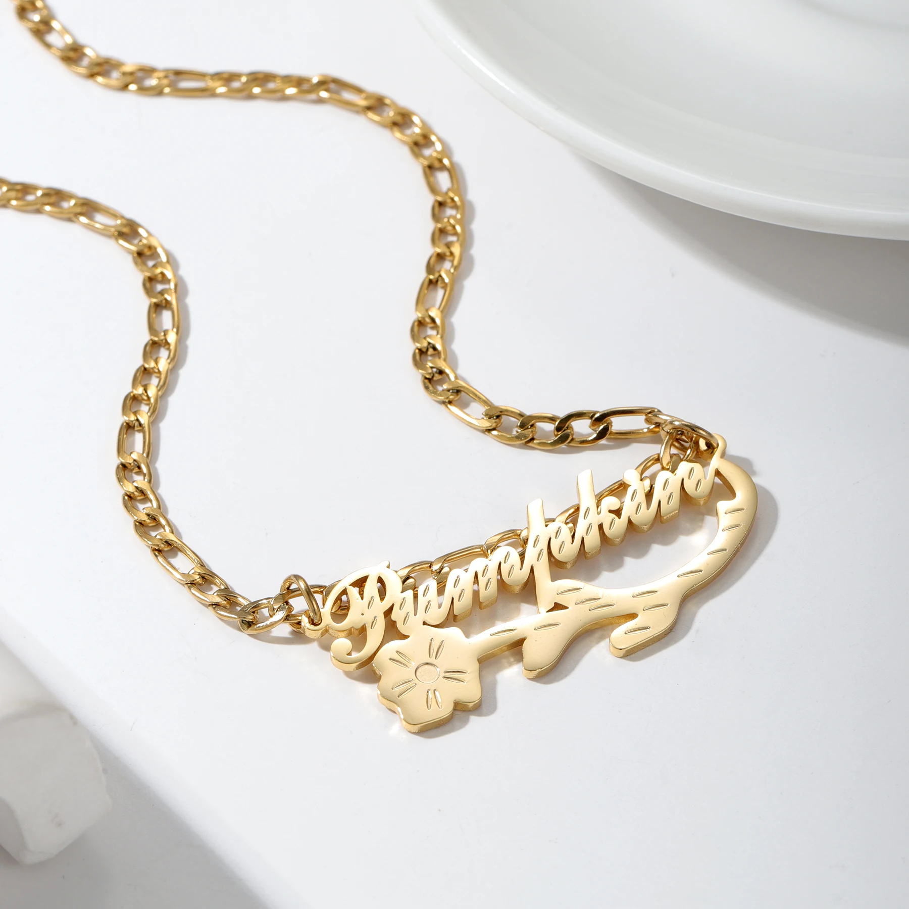 Custom Name With Rose Flower Gold Pendant Stainless Steel Jewelry Necklaces For Women Fashion Gift Valentine's Day Gift