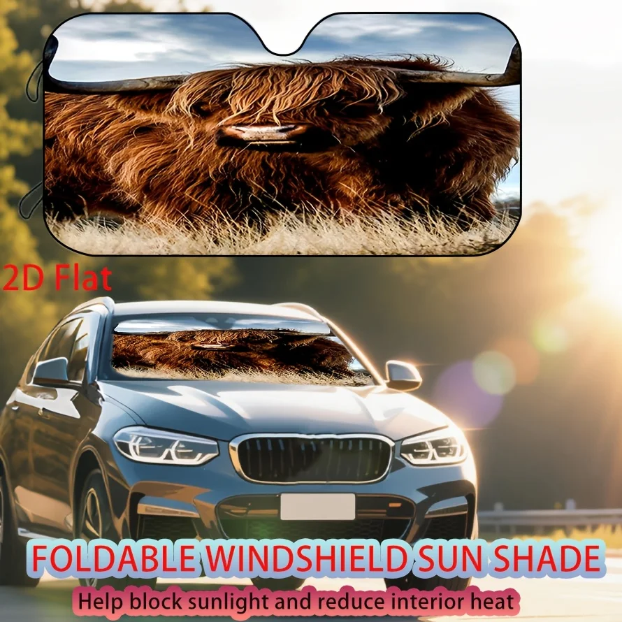 1pc Wilderness Highland Cow Pattern Car Windshield Sunshade, Preventing Vehicle Exposure And Warming Up, Reducing Leather Interi