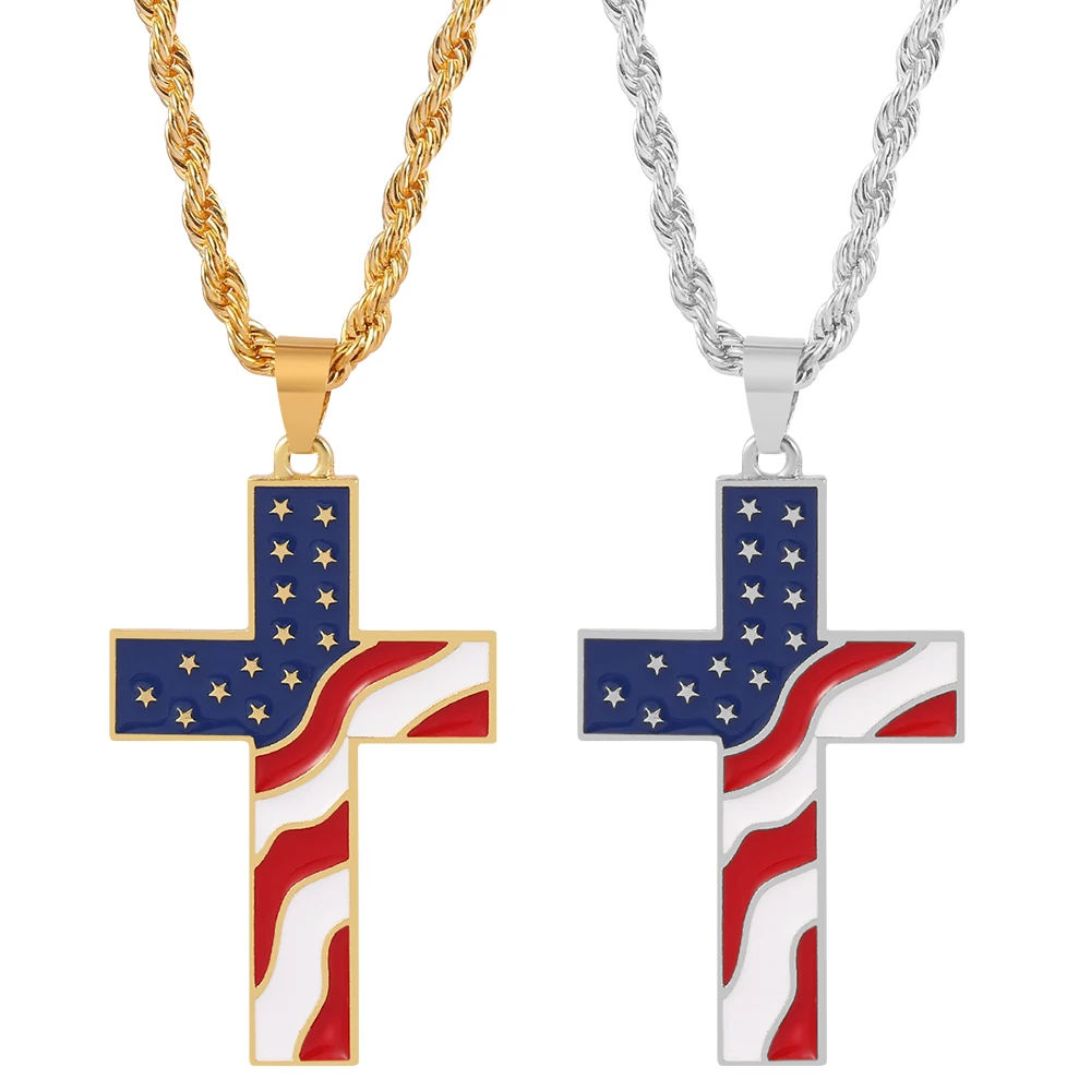 Hip Hop American Flag Cross NeckChain Christian Cross Necklace For Men Women Couples Long  Jewelry Pendent Gifts