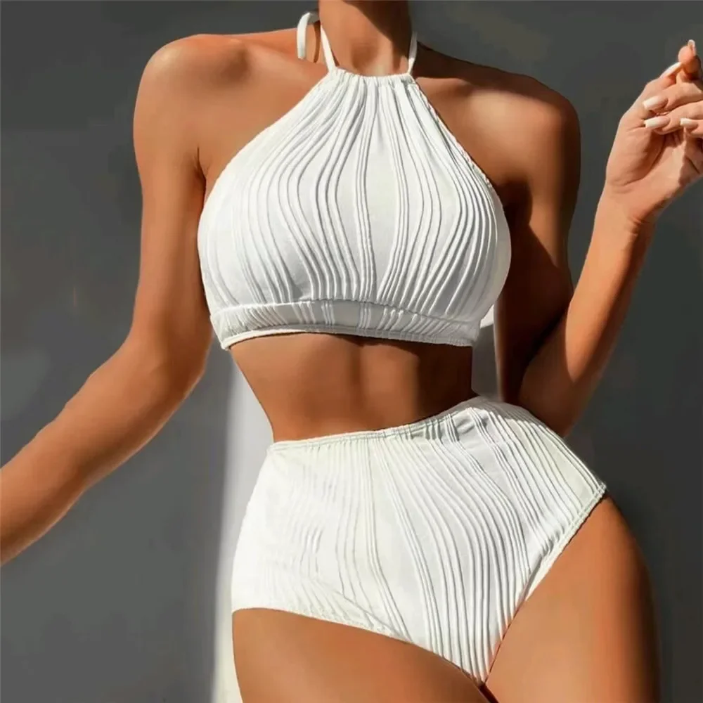 Seksowne białe bikini z wysokim stanem Kobiety Prążkowane stroje kąpielowe Push Up Strój kąpielowy Halter Backless Crop Top Back Hollow Out Strój