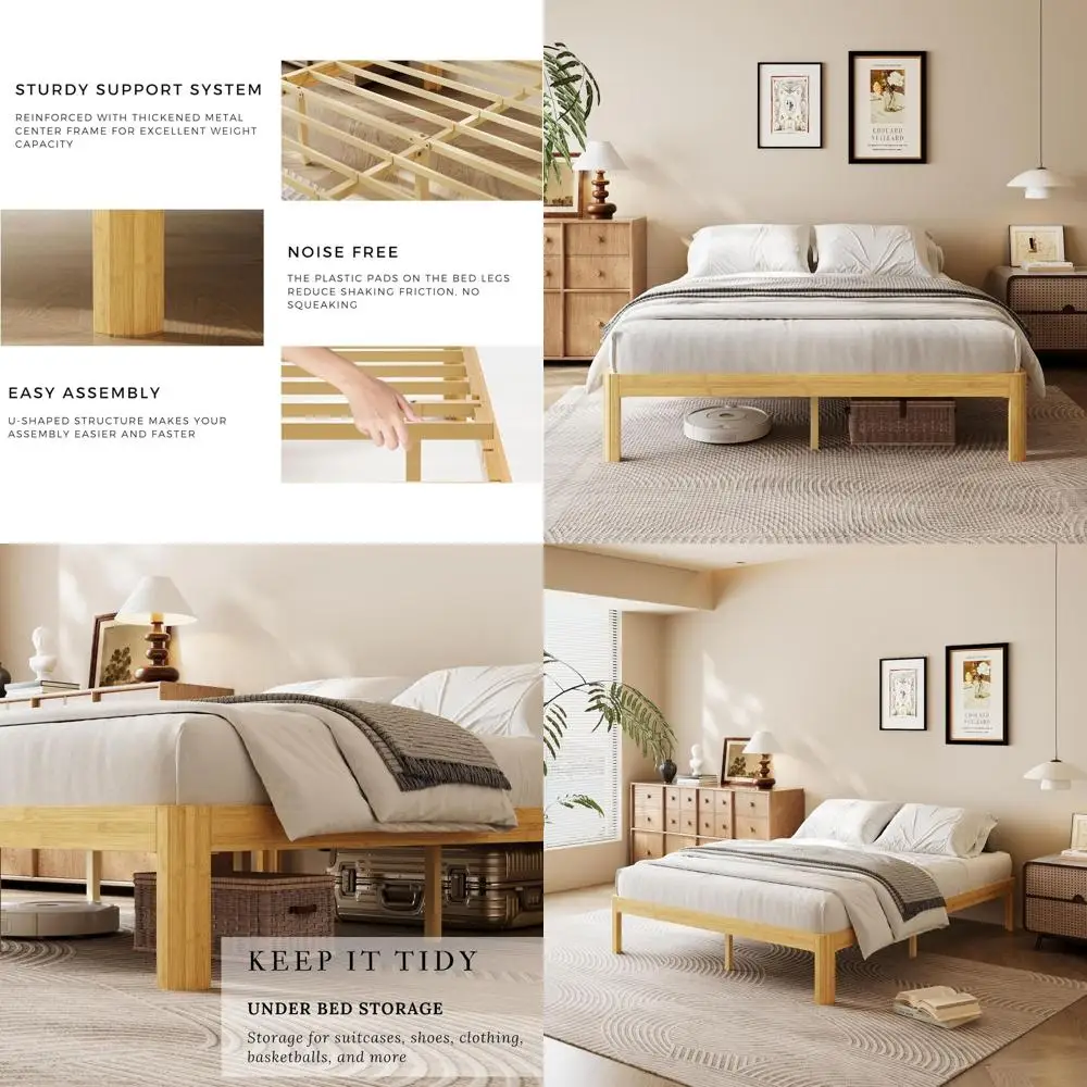 

14-дюймовая кровать-платформа размера Queen из бамбука, простая сборка, натуральная отделка, не требует пружинного блока.