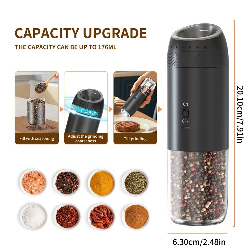 1/2PCS Electric Salt And Pepper Grinder with LED Light Gravity Sensing Adjustable Spice Mills Cordless Automatic Kitchen Gadget image 6