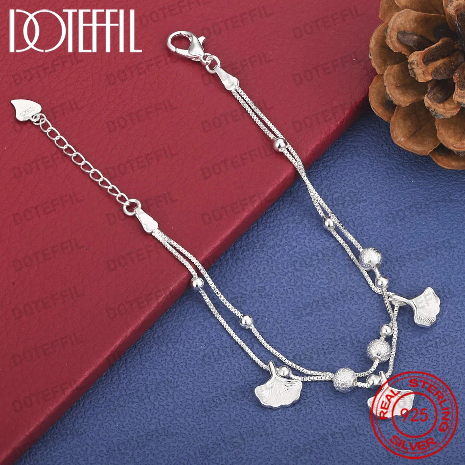 925 Sterling Silber Exquisites Doppelschichtiges Ginkgoblatt Mattiertes Perlenarmband für Damen, Hochzeitsgeschenk, Party-Schmuck