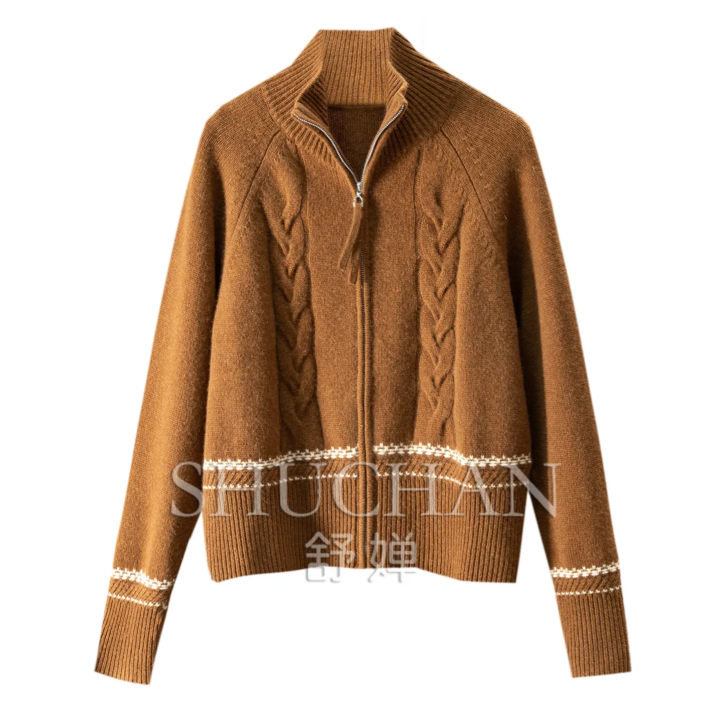 Luxury Thick 100% Cashmere Sweater 410g Twist Stand-up Neck Sweater Cardigan Jacket Women's E372 Casaco Feminino