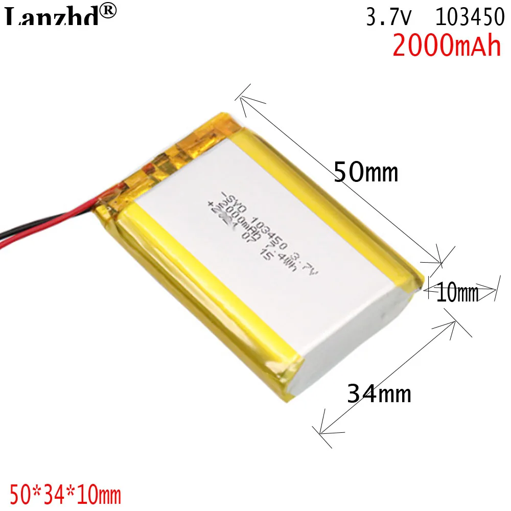 3.7V 2000mAh Lipo Polymer Lithium Rechargeable Battery + jst 1.25mm 2pin Plug 103450 For MP3 GPS Navigator DVD Mobile Phone