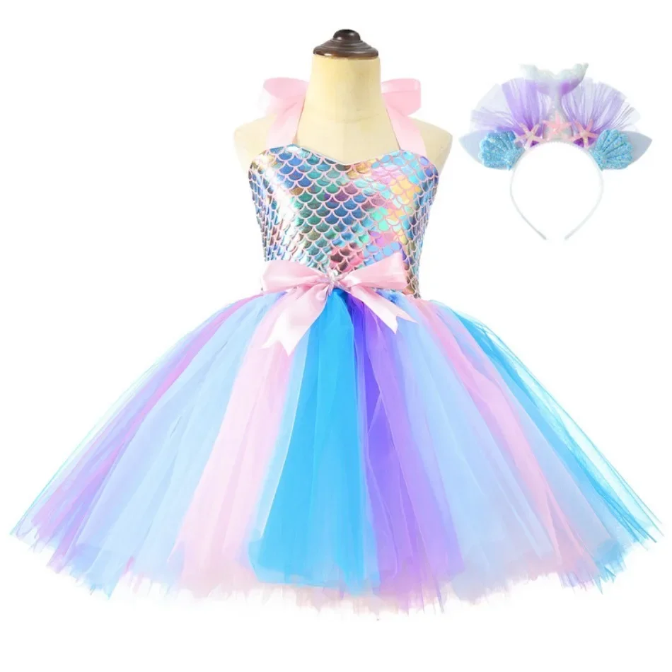 Little Mermaid Princess Dresses for Girls Kids Tutu Dress for Mermaid Birthday Party Costumes Halloween Clothes Set for Children