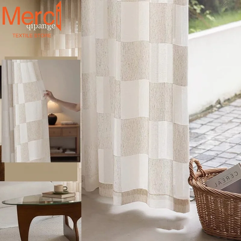 Checkerboard Linen Tulle Curtain French Mid-century Style Window Screen Log Cream Color Curtains for Living Dining Room Bedroom