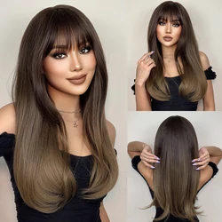 HENRY MARGU Long Staight Synthetic Wigs Dark Black Brown Ombre Hair With Bangs For Black Women Daily Cosplay Heat Resistant Wigs