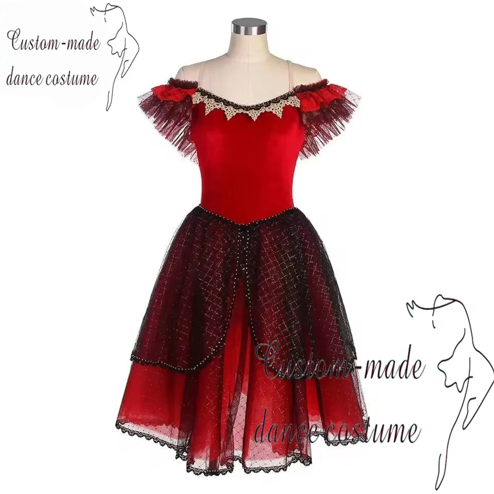 Don Quisciotte Tutu romantico rosso per adulti Abito da balletto kitri spagnolo Tutu professionale Costume da ballo spagnolo per ragazze