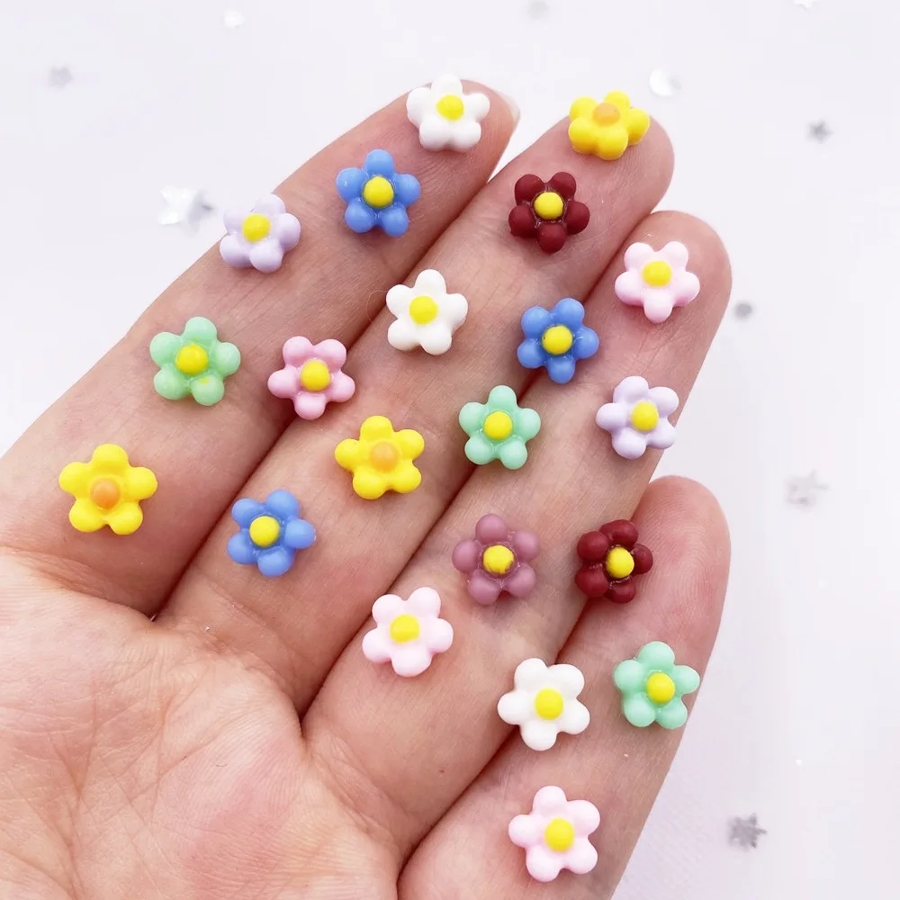 200Pcs 8mm Resin 3D Colorful Kawaii Mini Flower Gems Nail Art Flatback Rhinestone Scrapbook Wedding Applique Jewelry Decor Craft