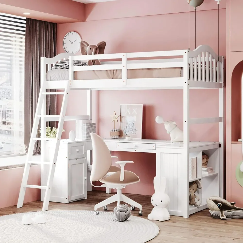 Cama alta doble con cajones y gabinete, estructura de madera con escalera y escritorio en forma de U, estantes de almacenamiento, soporte de listones, ahorro de espacio