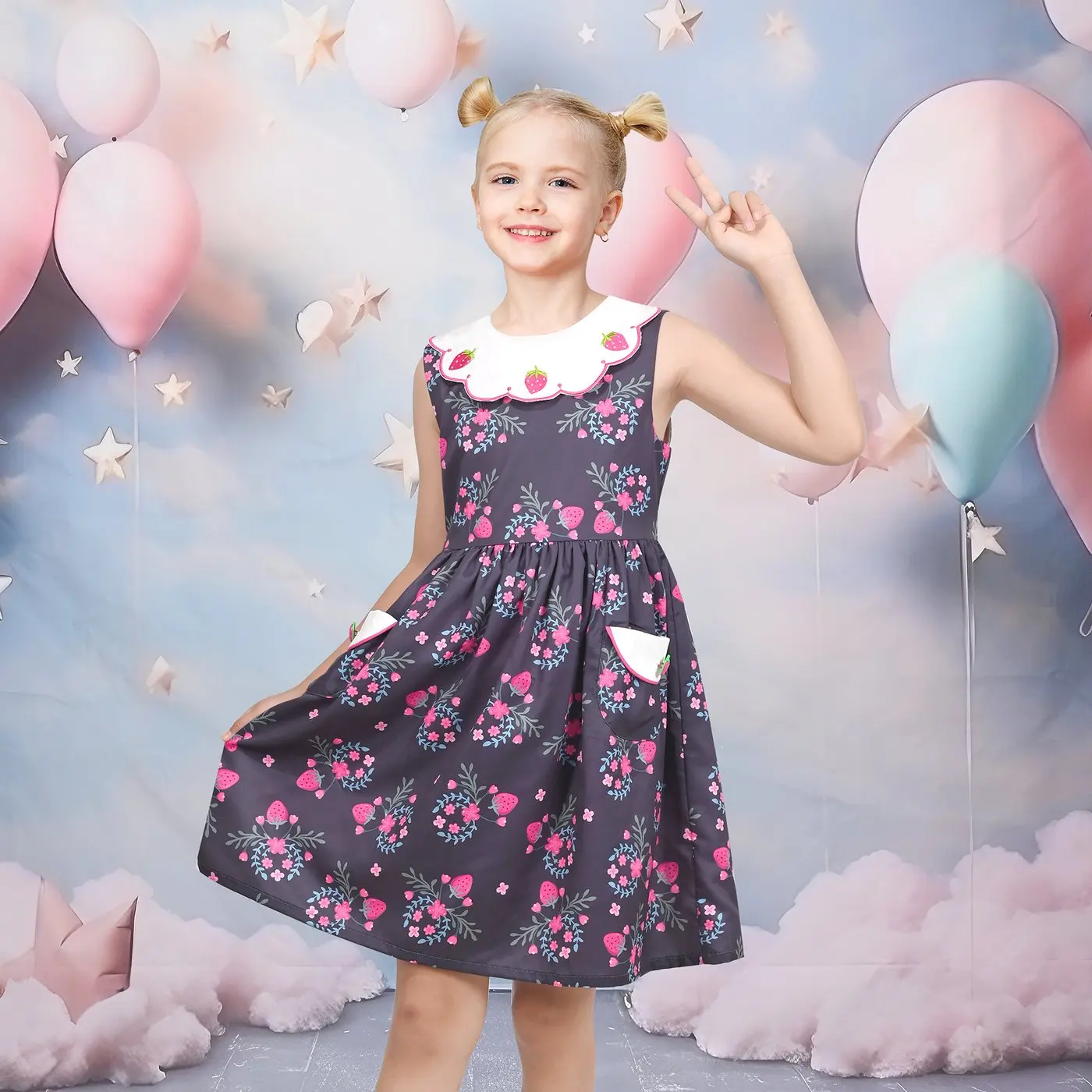 Girls Dress Floral Strawberry Embroidery Pocket Sleeveless Casual Party