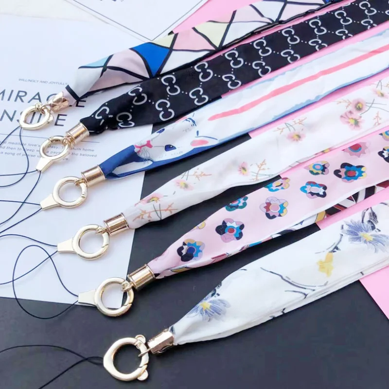 Ladies Scarf Colorful Printing Hanging Neck Strap Mobile Phone Lanyard With Keychain Metal Clip Anti-lost  Lanyard  Jewelry