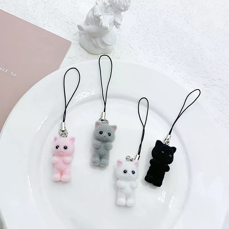 Cartoon Flocking Cat Keychain Cute Flocked Cat Animal Keyring Bag Pendant Backpack Charms Car Decor DIY Accessories Gift
