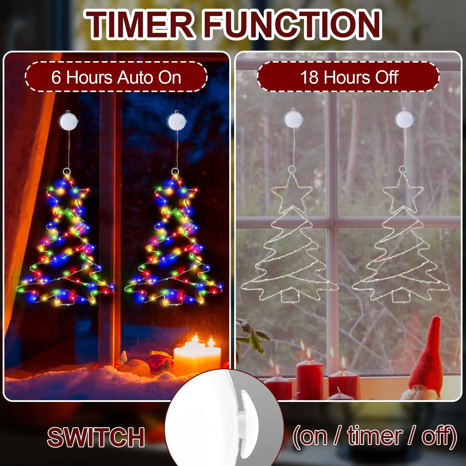 Christmas Tree Lights Battery Powered Metal Framed Hanging Christmas Window Fairy Light Decorations with Timer for Xmas New Year