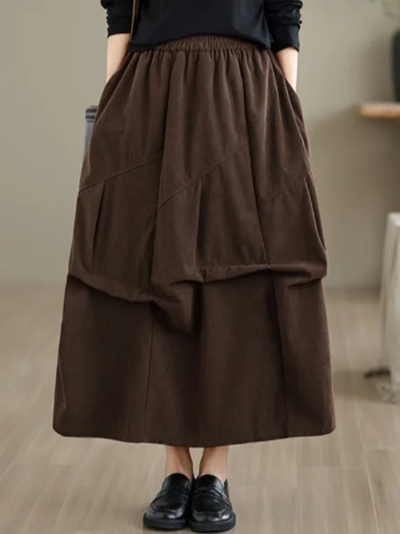 

Spring 2026 Pure Color Corduroy A-Line Skirt with Waistband Long Length Slimming Pleated Design plus Size Women's Fashionable...