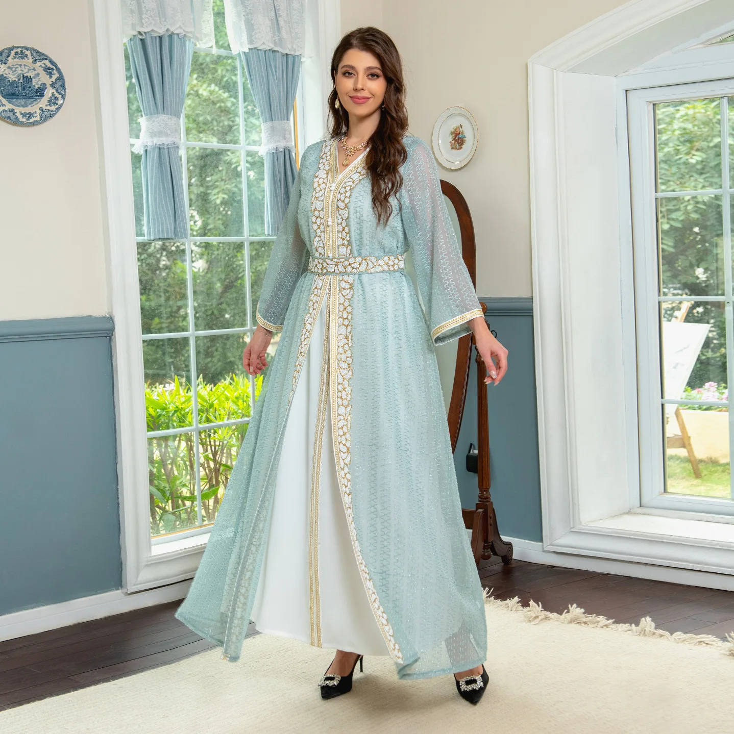 Women's Dress Jalabiya Set Evening Dress with Diamond Embedding Luxury Style Robe