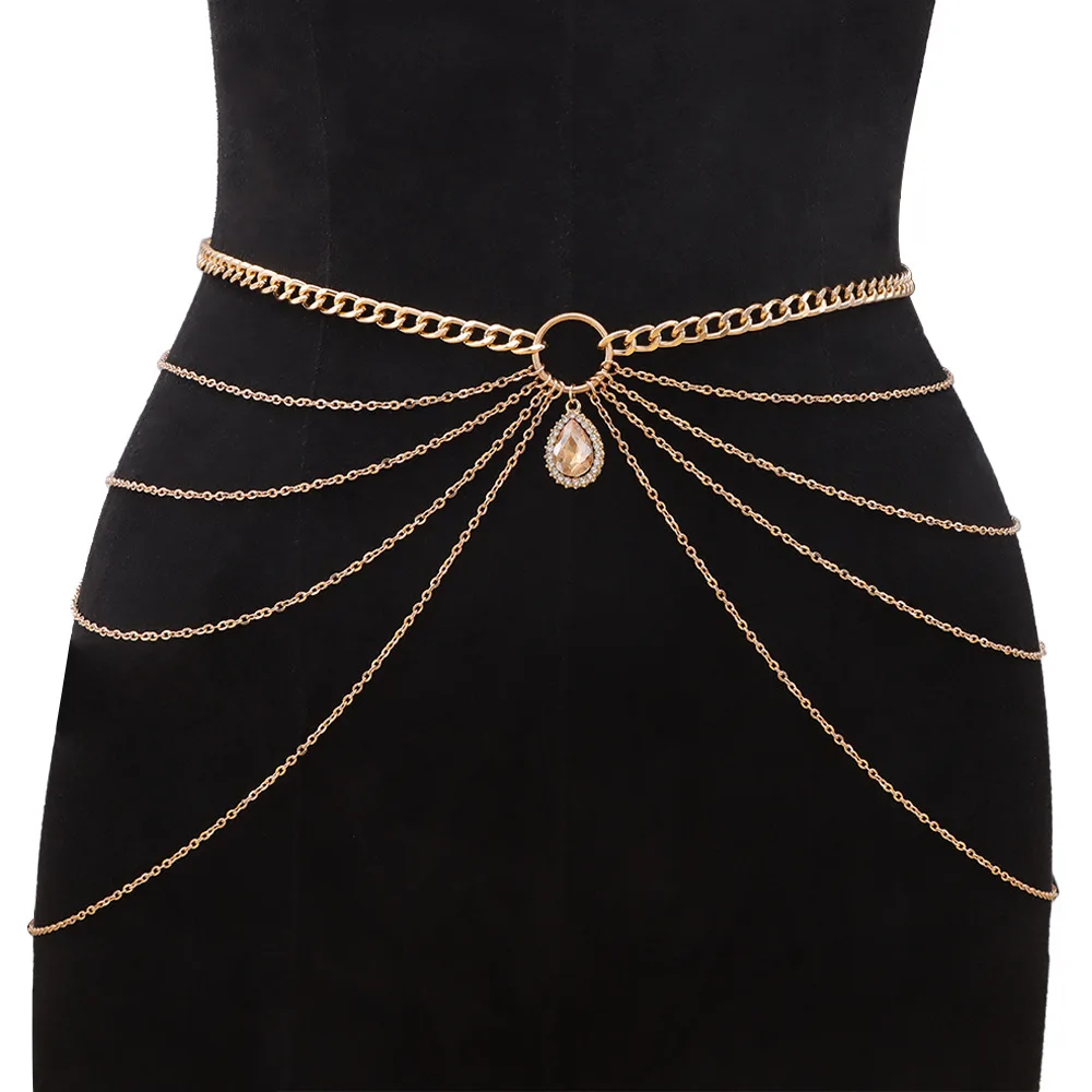 European American Sexy Geometric U Shaped Body Chain Bold Personalized Multi layer Rhinestone Tassel Waist Chain for Women