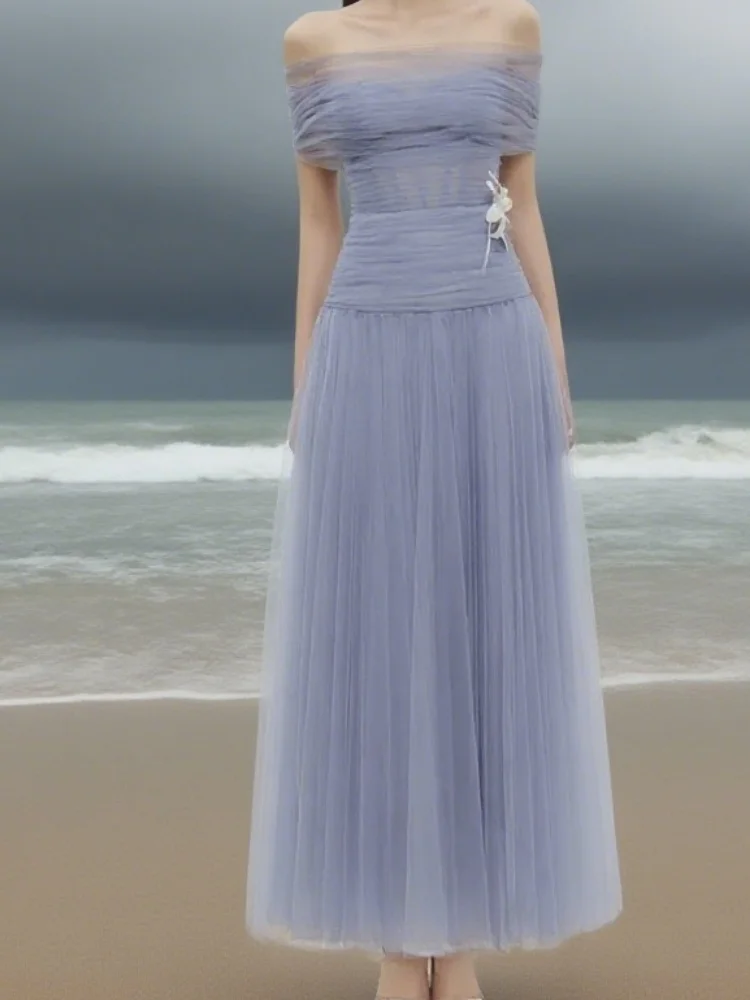 Vestidos de Noche de tul con corte en A, tubo violeta de lujo, sin tirantes, con hombros descubiertos, vestido con cremallera personalizado