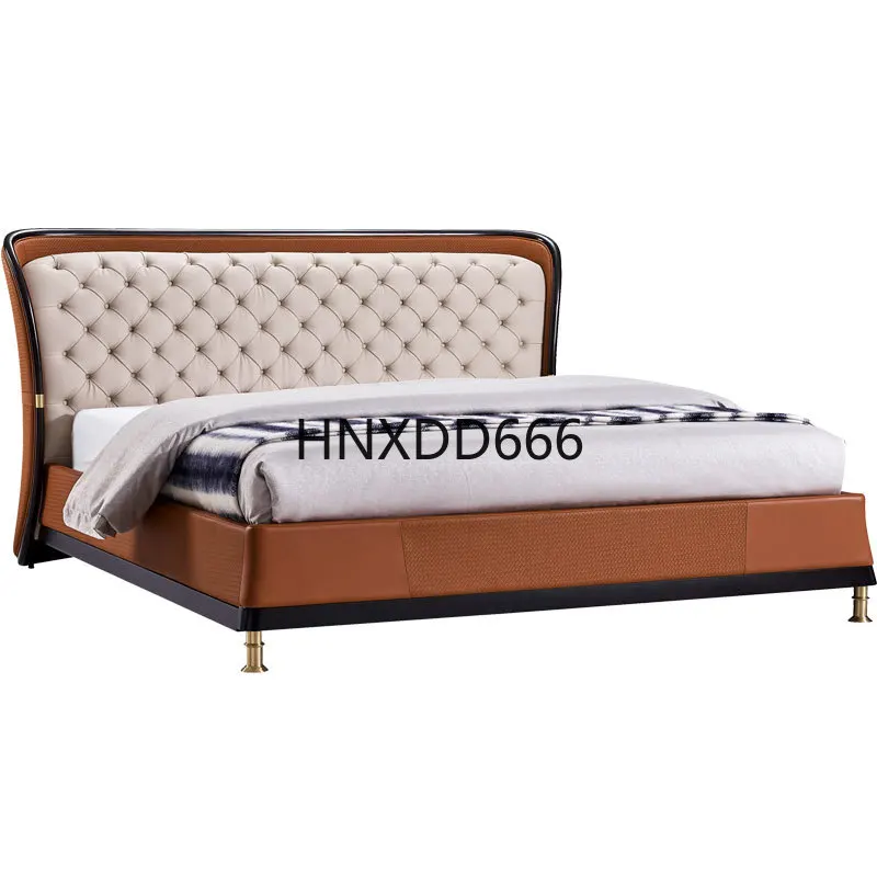 

Light luxury ebony solid wood double bed leather