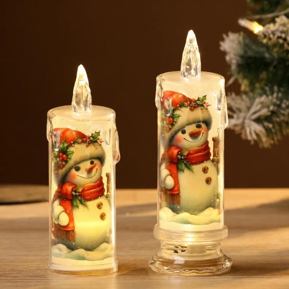 4PCS Flickering Christmas Flameless Candles Cute Electric LED Pillar Candles Convenient Cartoon Printed Lights Fake Candles
