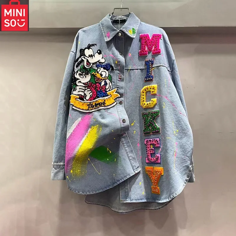 

MINISO Embroidered Shirt Women's Medium to Long Loose Multi functional Denim Jacket New Fashionable Single breasted Outer Coat