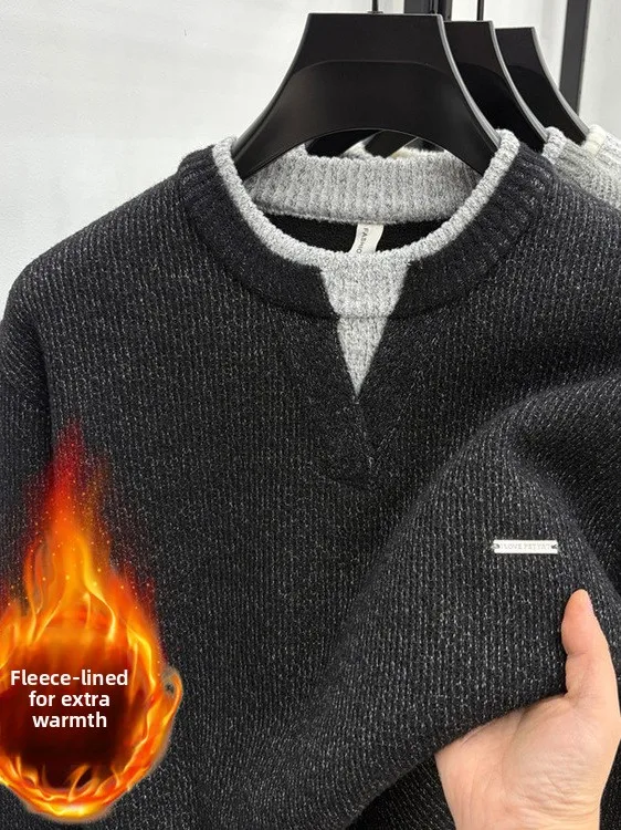 

Мужской модный повседневный длинный вязаный свитер-термобелье, имитация двухслойной одежды, мягкий полиэстер, теплый для зимы