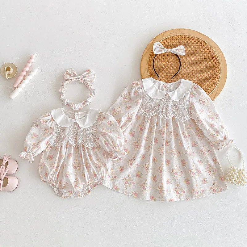 Little Sister Big Sister Collar Outfit Baby Girl and Sister Matching Lace Clothes Newborn Toddler Infant Bodysuit Children Dress