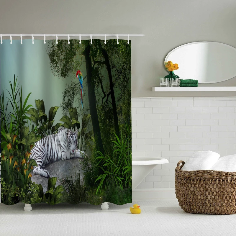 White Tiger Shower Curtain Home Decor 3D Print Jungle Animal Waterproof Polyester Bathroom Kitchen Blackout Curtain Cortina Baño