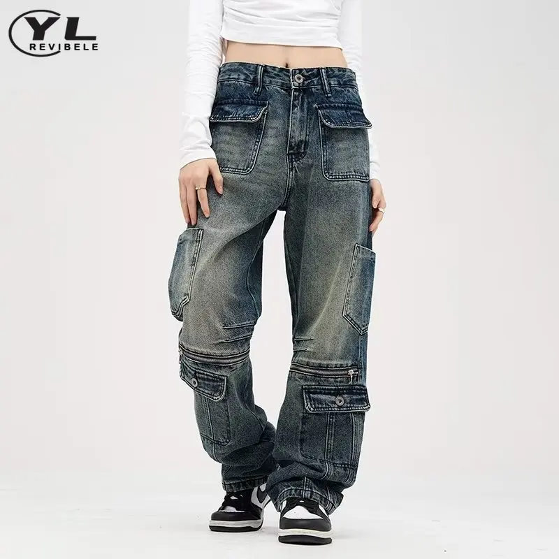 Multi Pocket Wash Cargo Jeans Man Woman Retro Distressed Casual Loose Denim Pants Unisex High Street Straight Cowboy Trousers