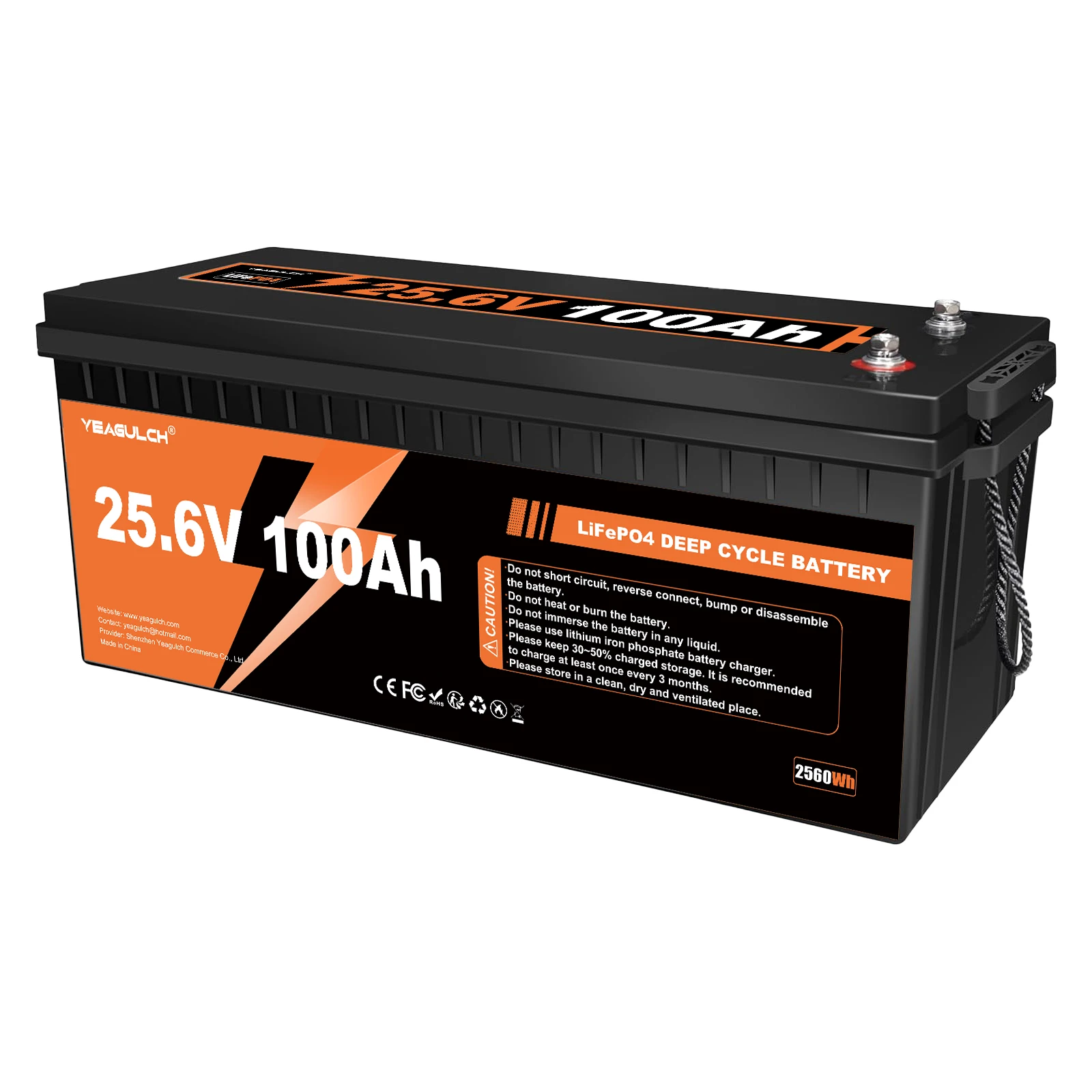 Yeagulch 25.6V 100Ah LiFePO4 Lithium Battery with 100A BMS 2560Wh Power for Solar Off-grid Home Backup Energy Storage RV Fishing