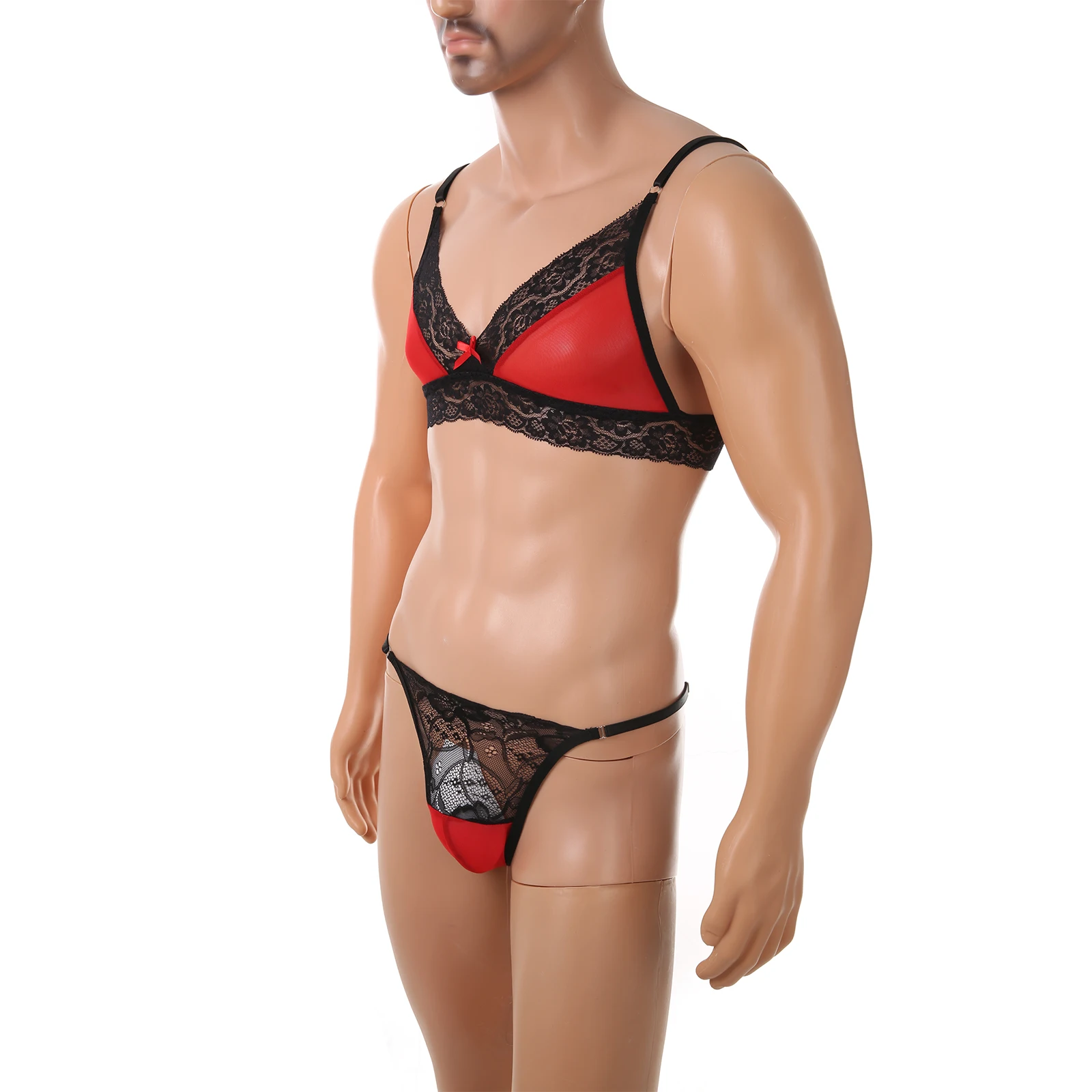 

Fine Mesh Bra Thong Set Bikini Sexy Lace Trim Underwear Men Adjustable Sissy Lingerie See Through Tops Bottoms Set Fetish Bras