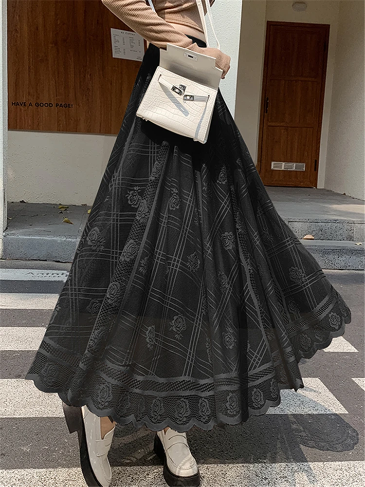 Seoulish กระโปรงถักโครเชต์ลูกไม้เอวสูงสำหรับผู้หญิงกระโปรงยาวทรงร่มสไตล์เกาหลีสำหรับใส่ในงานเลี้ยง2023ใหม่