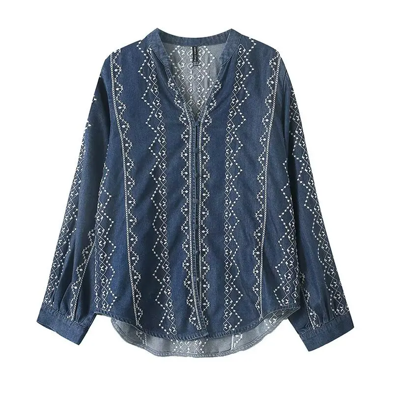 New 2025 Autumn Long Sleeve Tence Denim Shirt, Women V Neck Embroidery, Mori Girl Retro Simplicity Commute Loose Blouse T56116CC