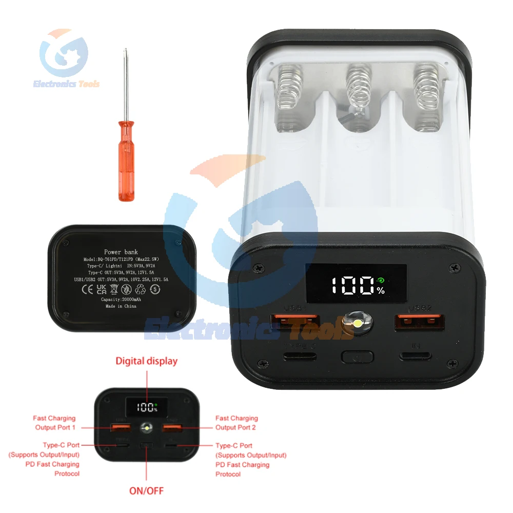 DIY Power Bank Kit 22.5W Fast Charging 6/12-Cell 18650 Battery Box Fully Transparent Solderless PD Mobile Power Bank Kit Type C
