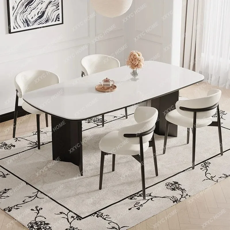 Solid wood dining table  medieval dining table light luxury small apartment white rock slab dining table